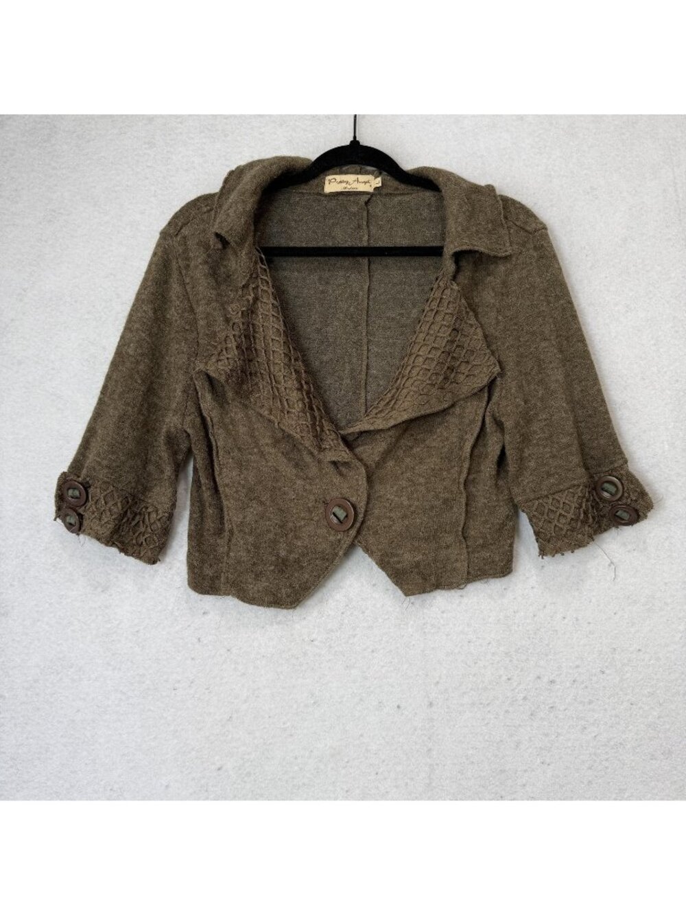 Pretty Angel Cardigan Sweater Womens Large Brown Collared 3/4 Sleeve Waffle Knit